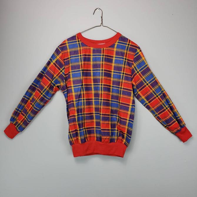 80s Red and Blue Plaid Long Sleeve Pullover Shirt XS / Small, Vintage Schoolgirl Plaid Sweatshirt Cotton 