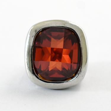 90's spessartite garnet 925 silver size 6 solitaire statement, big faceted red orange gem sterling modern geometric bling ring 