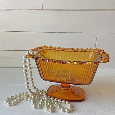Vintage Indiana Glass Amber Open Lace Ribbed Pedestal Rectangular Candy Nut Bowl // Vintage Yellow Soap Dish // Perfect Gift 