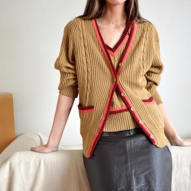 cableknit sweatervest and cardigan striped set 