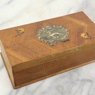 Small Wooden Storage Box with Tin Deer and Marquetry Inlaid Flowers - 7.5 x 3.75 x 2.5&quot; 