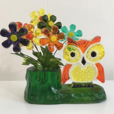 Vintage Owl Resin Statue with Tree Stump and Flowers Figure Figurine New Trends Industries 1960s Made in USA Colorful MCM Mid-Century 