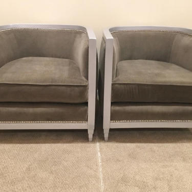 Pair Art Deco club chairs with silver gild frame 
