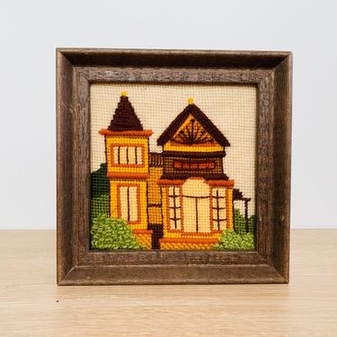 Vintage Small Victorian House Needlepoint Framed Wall Art 