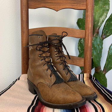Vintage Western Two Toned Leather Ropers Lace Up Boots Women’s 7 