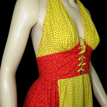 Vintage 70s Yellow Orange Maxi  Patio Sun Dress  Boho Corset Bodice Cotton Empire Waist Boho Maxi XS 