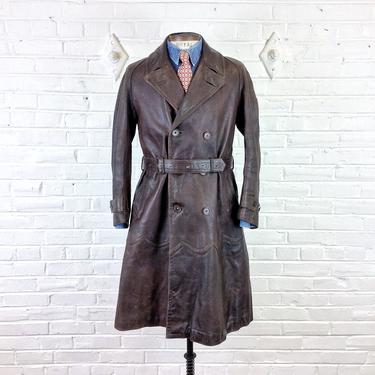 Size 36 - 38 Vintage 1940s Men’s Belted and Lined Leather Trench Motoring Coat by Wareing 