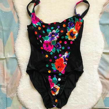 80's L/XL Dots and Florals Swimsuit 