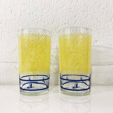 Vintage Eagle Glasses Orange Juice Set of Two Geometric Geo Retro Barware Cocktail Mid-Century Tom Collins Glass Libbey Bar Yellow Navy Blue 