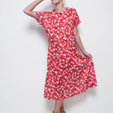 red tulip dress secretary midi day dress vintage 70s short sleeves XL 1X EXTRA LARGE 