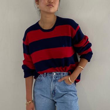 80s Ralph Lauren striped cotton sweater / vintage navy blue red wide awning stripe cotton Polo crewneck oversized boyfriend sweater | L 