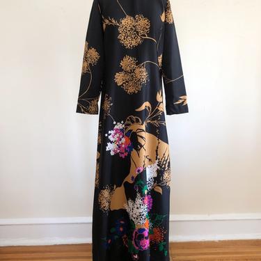 Black Floral Placement Print Maxi Dress with Mock-Neck - 1970s 