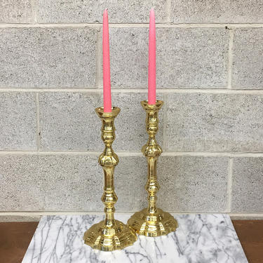 Vintage Candlestick Holders Retro 1980s Gold Metal + XL + 15 Inch Tall Stands + Set of 2 Matching + Candle Holders + Home Decor + Lighting 