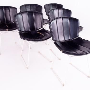 Harry Bertoia for Knoll White & Black Leather Mid Century Dining Chairs - Set of 6 - mcm 