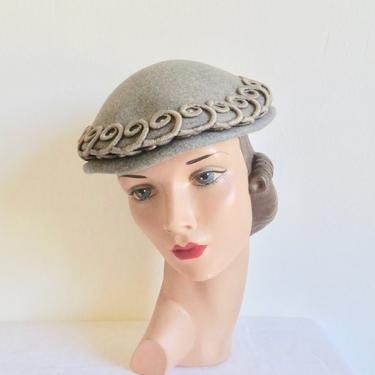 Vintage 1950's Gray Felt Hat Juliet Cap Swirls and Rhinestone Trim Rockabilly Swing Retro 50's Millinery May Company Los Angeles 