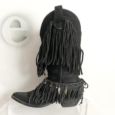 Genuine Harley Davidson Fringed Western Cowboy Boots • Black Suede Leather & 1 Fringed + Silver Feather Ankle Strap • Women's 7-1/2 - 8 USA 