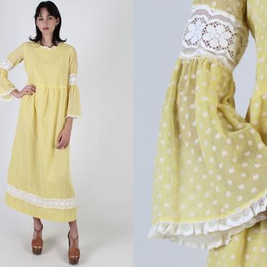 Vintage 70s Pilgrim Folk Dress / Velvet Calico Floral Dress / Yellow Swiss Dot Lace Dress / Country Prairie Trumpet Bell Sleeve Maxi Dress 