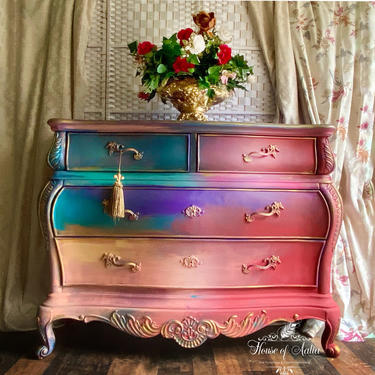 Boho Bombe Chest. Gold Teal French Provincial Bombe Chest. Vintage Chest. Entryway Accent Table. Boho, Eclectic, French Country Bedroom. 