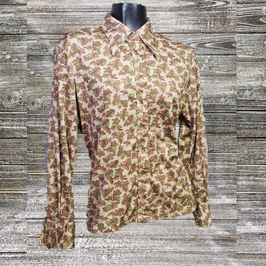 Vintage 1970's Nylon Knits for Joyce, Acorn Shirt, Hippie Boho Button Up Blouse, Fall Leaves Long Sleeve Top, Novelty Print Vintage Clothing 