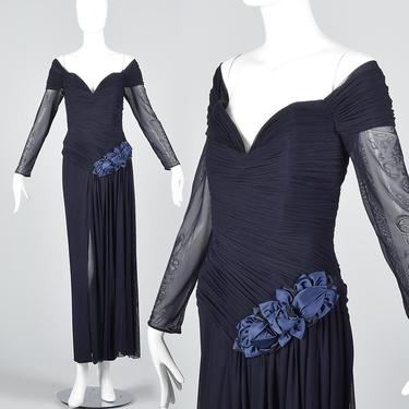 Large Vicky Tiel Off Shoulder Evening Gown Navy Blue Prom Dress with Sleeves Sexy Slit to Thigh Formal Couture Vintage 1980s 80s 