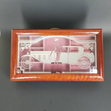 Vintage Art Deco Jewelry Box / 1920s Style Glass Top Jewelry Case Silver Flapper Girl with Car / Pink Velveteen Lined Wooden Trinket Box 
