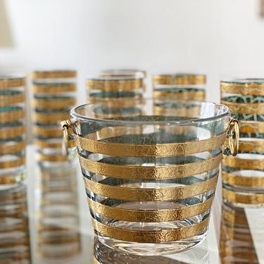 7 pc Culver barware set Glass ice bucket and cocktail glasses Mid century Brutalist gold glassware Bar tumblers Glam Home Bar Decor 