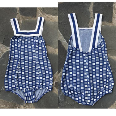 30s CATALINA girls knit swimsuit sz 12 / vintage 1930s blue white Childs bathing suit swimsuit 1940s 