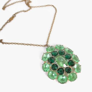 Vintage 30s NECKLACE / 1930s Oversized 2-Tone Green Glass Rhinestone Pendant Necklace 