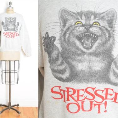 vintage 80s sweatshirt cat print Stressed Out gray kitty animal shirt top L XL clothing 