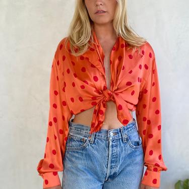 Stunning Vintage 90s Escada Peach Orange w/ Red Polka Dot Silk Blouse - Long Sleeve Button Up Shirt - 1990s Designer Couture 
