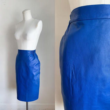 Vintage 1980s Electronic Blue Leather Pencil Skirt / S 