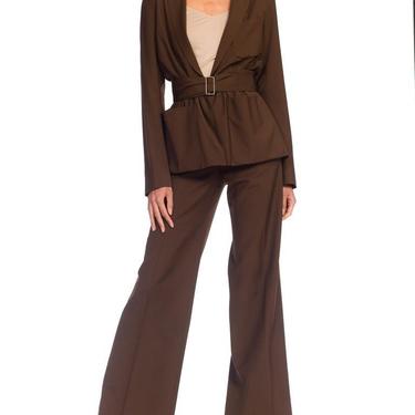 1990S Jean Paul Gaultier Chocolate Brown Light Weight Wool Pant Suit With Drawstring Waist &amp; Belt 