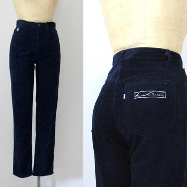 GLORIA VANDERBILT Vintage 70s Designer Jeans | 1970s GV Blue Indigo Dye Cotton Corduroy Pants, Straight Cut High Waist | 80s,  Size Small 