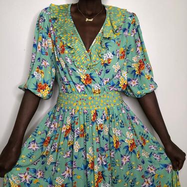 Vintage 1980s Susan Freis Mint Floral Bohemian Maxi Dress