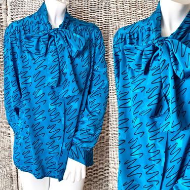 Vintage Pussy Blouse, Bow Front, High Neck, Silky Polyester Top, Size XL, Vintage 80s 