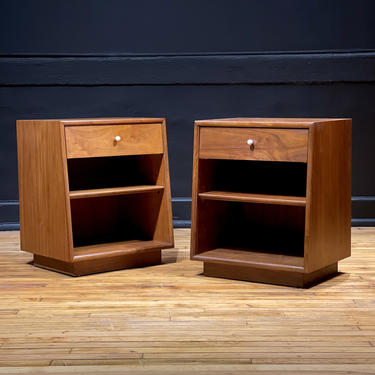 Pair of Drexel Declaration Wedge Walnut Nightstands by Kipp Stewart - Mid Century Modern Danish Style Bedroom Furniture 
