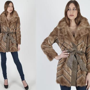 Real Brown Mink Fur Coat Chevron Leather Trench Coat 1970s Fur Jacket With Matching Belt Spy Autumn Haze Full Collar Striped Jacket 