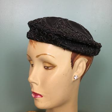 1950s beret, vintage hat, black satin, beaded tam, Evelyn varon, jet beads, mid century, mrs maisel style, formal hat, designer. mad men 