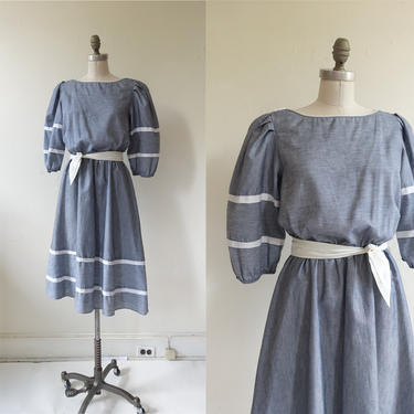 Vintage 80s Grey Puff Sleeve Dress/ 1980s Romantic Striped Cotton Dress/ Size Large 