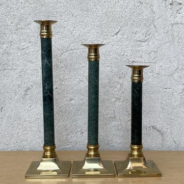 Green Marble Brass Candle Stick Holders, Set of Three 