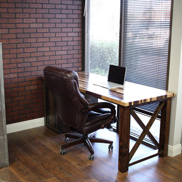 Rustic Industrial Desk w/ X legs and Cabinet / Solid Wood Butcher Block Top - All wood / industrial / rustic office furniture / unique desk 