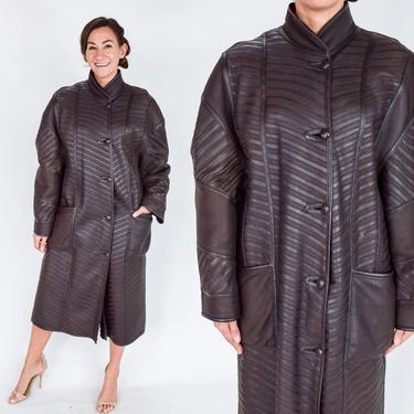 1980s Brown Chevron Leather Coat | 80s Dark Brown Leather coat | Reversible Coat | Large 