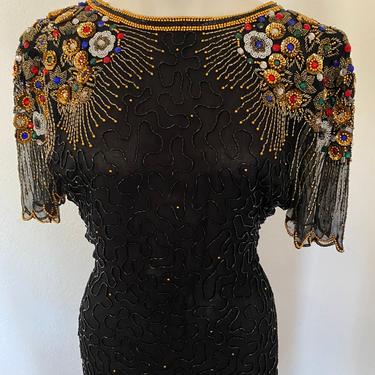 Vintage sequin beaded TAN CHHO Dress, gold sequin cocktail dress jeweled color beaded black formal party dress size medium m 