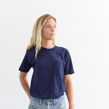 Vintage Navy Blue Pocket T-Shirt | Made in USA | Fruit of the Loom | Crewneck Tee | Washed Deadstock | XS S 