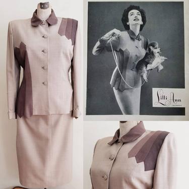 1950s Lilli Ann Suit Sharkskin Wool Beige Brown / 1954 Documented Harpers Bazaar Designer Midcentury Modern Skirt Blazer Ensemble / M AS IS 