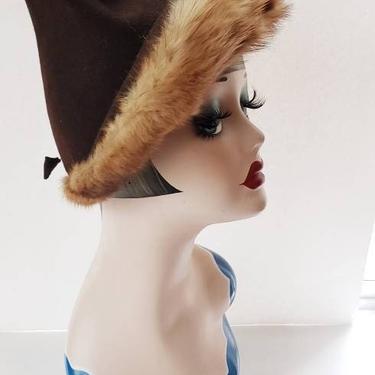30s Brown Wool Hat Blonde Mink Fur Trim / 1930s Asymmetric Cone Shaped Felt Winter Hat New York Creation 22 1/2 