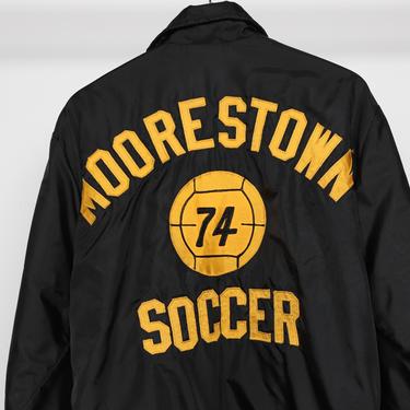 vintage 1970s MOORESTOWN, N.J. vintage black SOCCER jacket with warm flannel lining -- Men's Size Large 
