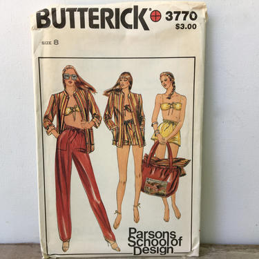 Vintage Butterick 3770, Parsons School Of Design, UNCUT, Swim Suit, Coverup, Draw String Shorts Pants, Beach Bag, Size 8 
