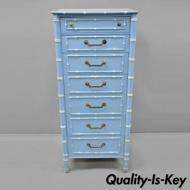 Vtg Thomasville Allegro Faux Bamboo 7 Drawer Blue Painted Tall Lingerie Chest