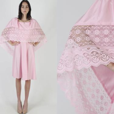 Vintage 70s Pink Lace Dress Sheer Floral Cape Disco Wedding Off Shoulder Mini Dress 